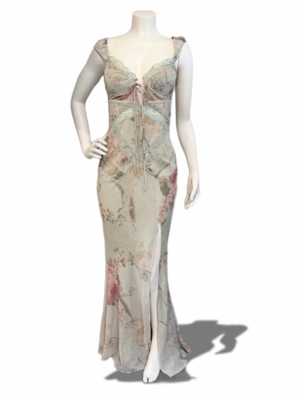 ASOS Design Sage Floral Print Corset Bias Cut Maxi Dress w Lace Size 2 Tall